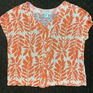 Rachel Zoe Womens Orange Tropical Leaf Print 100% Linen Button Up Top Small